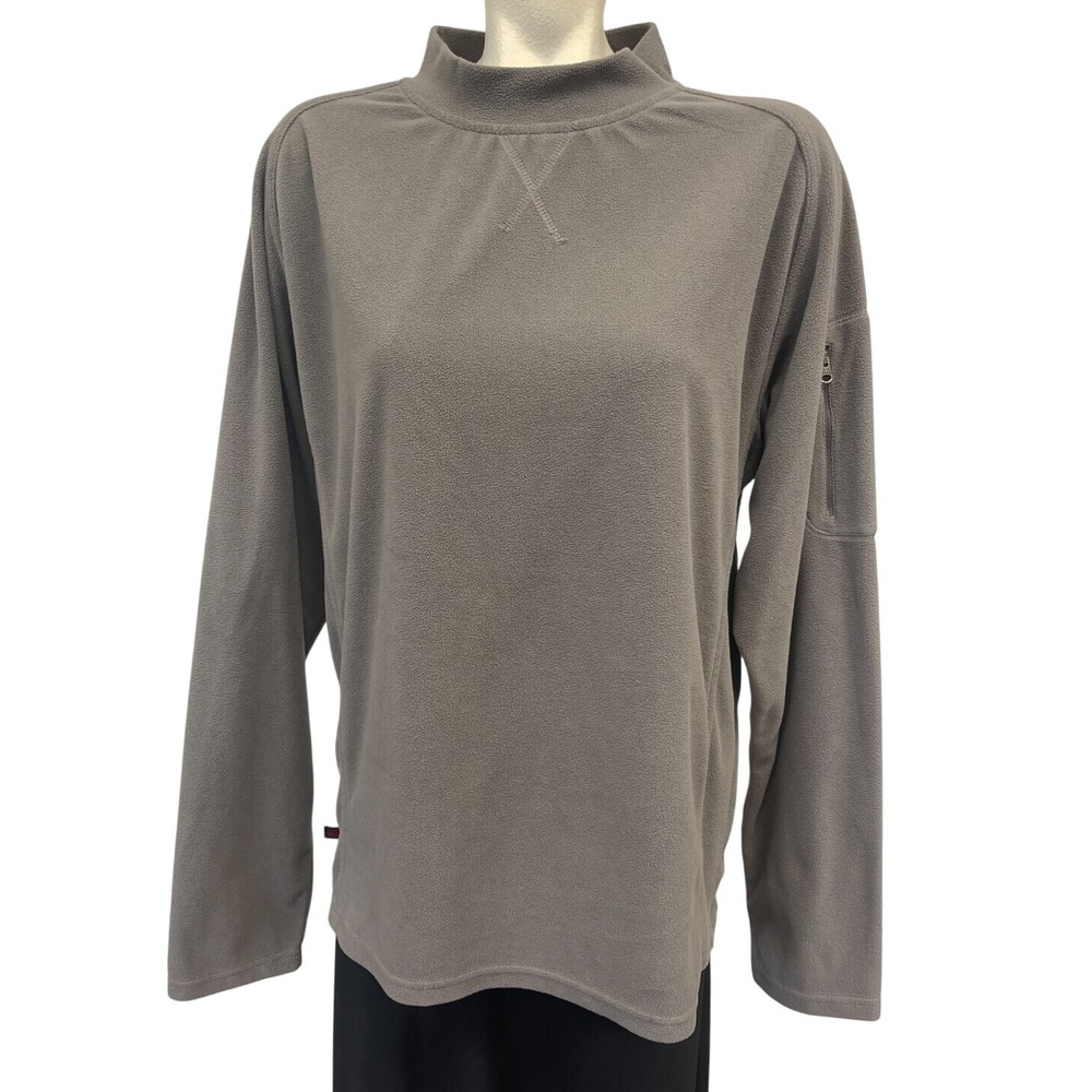 Fleece Pullover Mock Neck Long Sleeve Gray Zipper Pocket Cozy Casual